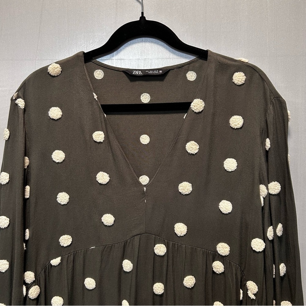 Zara Olive Green Baby Doll Tiered Ruffle Polka Dot Mini Dress Size Large - Picture 4 of 7